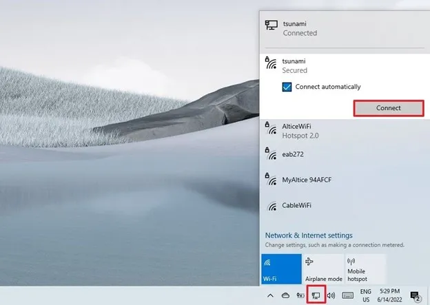 اتصال وای فای با استفاده از نوار وظیفه
