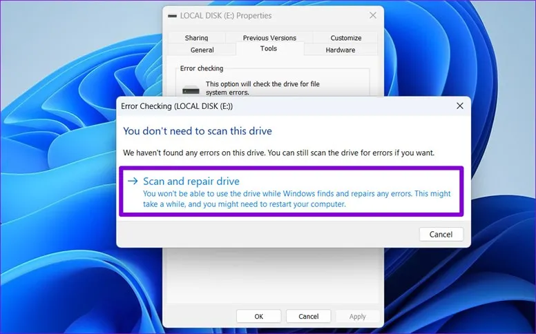 Scan and repair drive خطای 0x8007003B