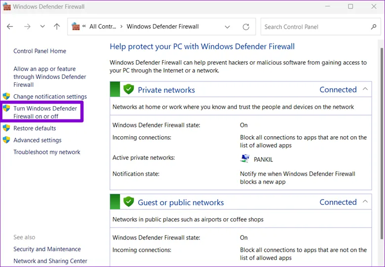 Turn Windows Defender Firewall on or off