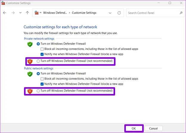 Turn off Windows Firewall