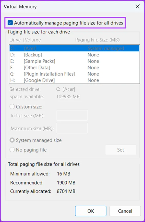 Automatically manage paging file size for all drives