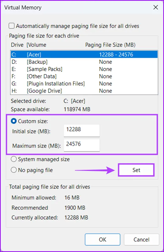 Custom size افزایش حافظه مجازی