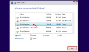 انتخاب پارتیشن نصب ویندوز 11 بدون Secure Boot و TPM 2.0