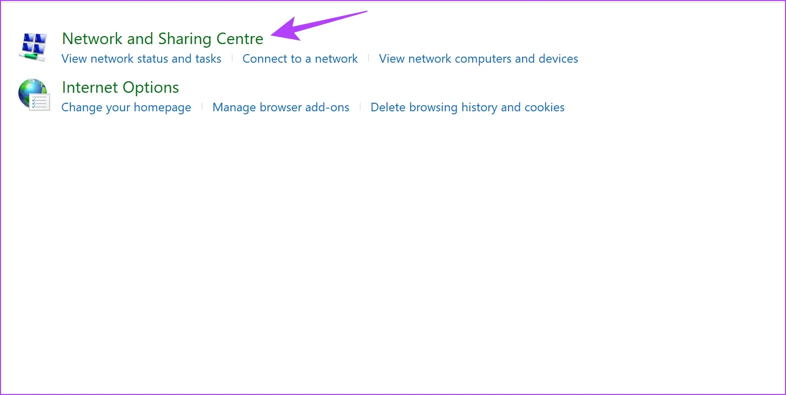 گزینه Network and Sharing Center