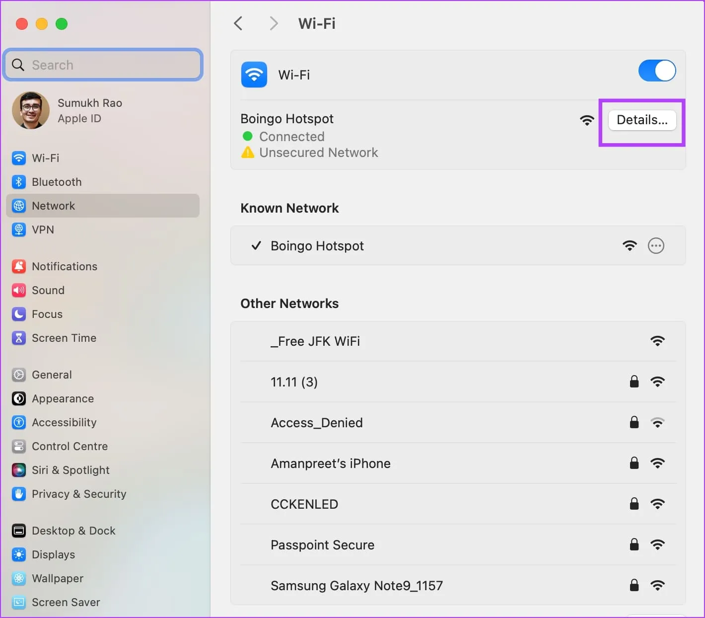 گزینه Details در کنار شبکه Wi-Fi
