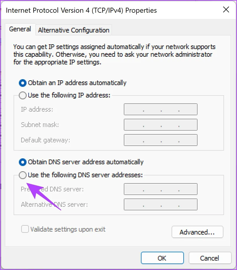 گزینهی Use the following DNS server addresses